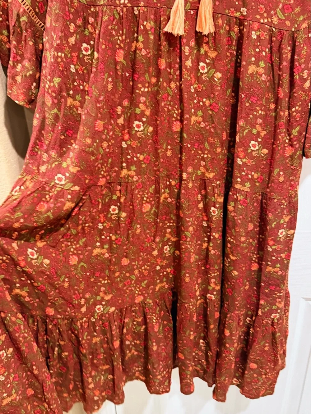 Easel Rust Floral Boho Tiered Maxi Dress with Tassel Tie - Picture 4 of 5